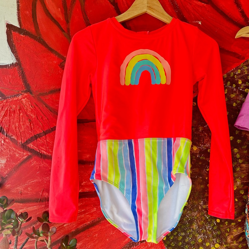 Cat & Jack Red Long-Sleeve Kids Swim Rashguard with Multicolor Striped Bottom